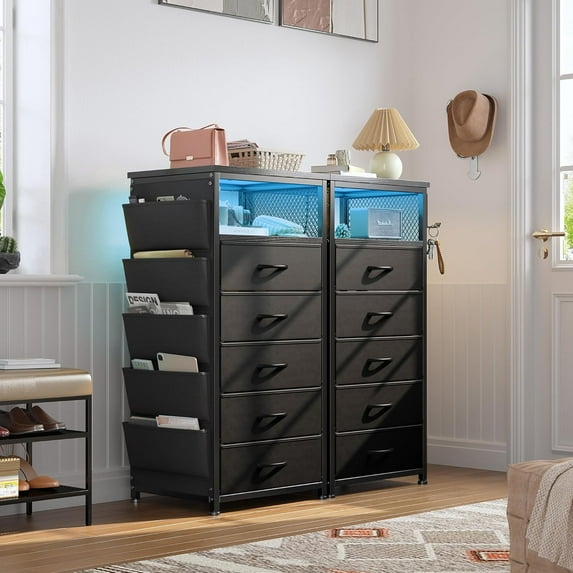 YSNW Night Stand Set 2 with Charging Station, Tall Nightstand with 5 Drawers, LED Nightstands with Ports & Outlets, Black Night Stand with Extra Side Bag & Hooks, Night Stands, Side Table