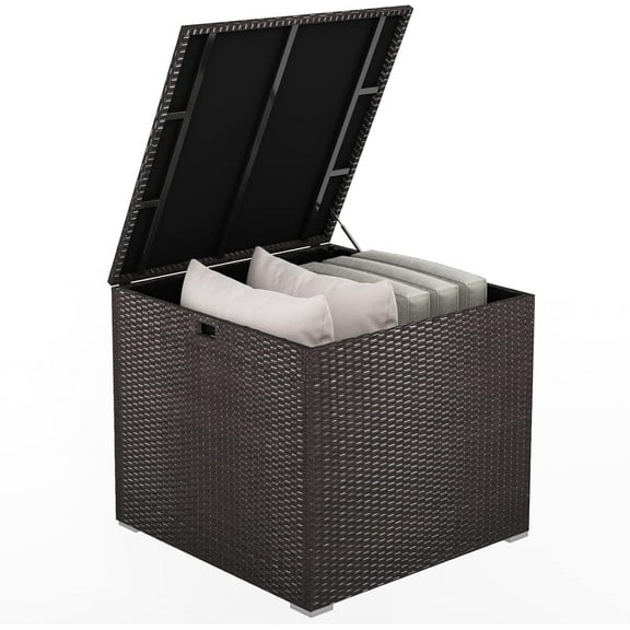 YSNW Outdoor Storage Deck Box, 72 Gallon Square Wicker Patio Rattan Storage Container with Zippered Liner & Safe Pneumatic Rod, Outdoor Wicker Deck Box for Garden Tools Cushions