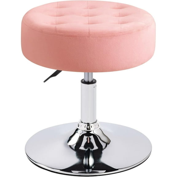 YSNW Pink Round Velvet Vanity Ottoman Stool, Contemporary Makeup Modern Accent Stool for Bedroom Living Room Entryway(Velvet-pink)