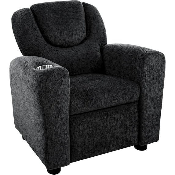 YSNW Push Back Kids Recliner Chair with Footrest & Cup Holders, Push Back Toddler Recliner with Cup Holder,Chenille Kids' Recliners for Age 3+,Black