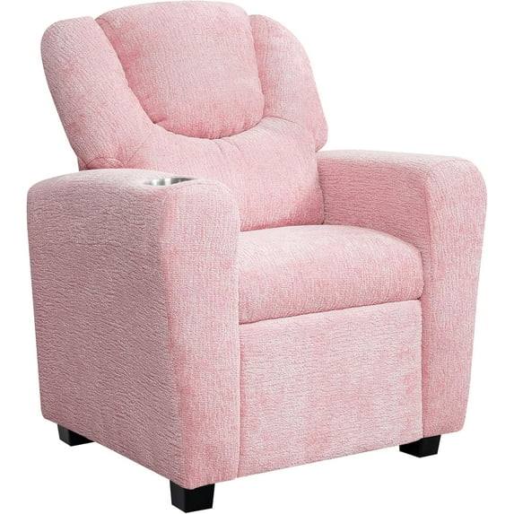 YSNW Push Back Kids Recliner Chair with Footrest & Cup Holders, Push Back Toddler Recliner with Cup Holder,Chenille Kids' Recliners for Age 3+,Pink