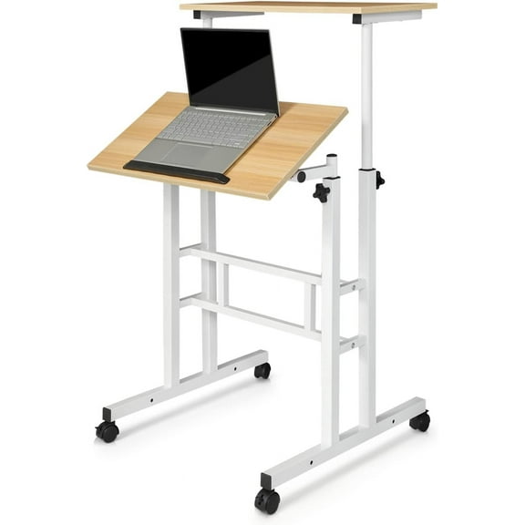 YSNW Rolling Desk Adjustable Height, Sit Stand Laptop Workstation with Wheels, Tilting Panel & Lockable Casters for Home, Office, Classroom, Natural