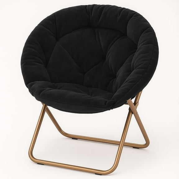YSNW Saucer Chair for Adults, Comfy Living Room Lounge Chair for Bedroom Corner, Dorm, Apartment, Faux Fur Fluffy Circle Accent Seat with Thick Padded & Folding Metal Frame (Black)