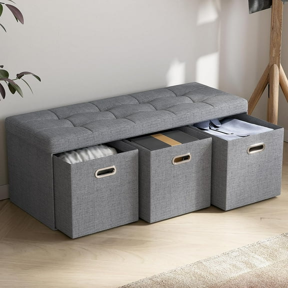 YSNW Storage Ottoman with 3 Drawers, 40 Inches Long Foldable Tufted Linen Large Bench Ottoman with Storage, Foot Rest Stool Seat, for Living Room, Bedroom, Entryway, Gray