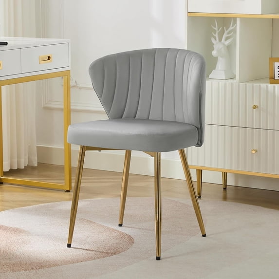 YSNW Velvet Dining Chairs, Mid Century Modern Vanity Chair with Back Golden Legs, Small Upholstered Line Tufted Dining Room Chairs, Cute Accent Vanity Chair for Bedroom, Living Room, Grey