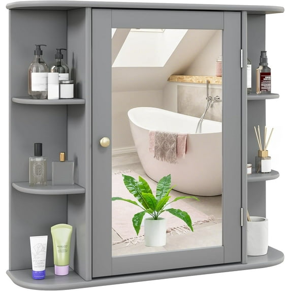 YSNW Wall-Mounted Bathroom Cabinet with Mirror, Space-Saving Storage Organizer with Adjustable Shelves and Open Compartments (Grey)