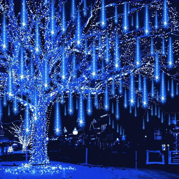 YSPUKY Christmas Lights Outdoor 192 LED 8 Tubes 12" Snowfall Fairy Lights, String Lights for Outside Garden House Window Xmas Decoration Meteor Shower Lights Falling Rain Drop Icicle Lights, Blue