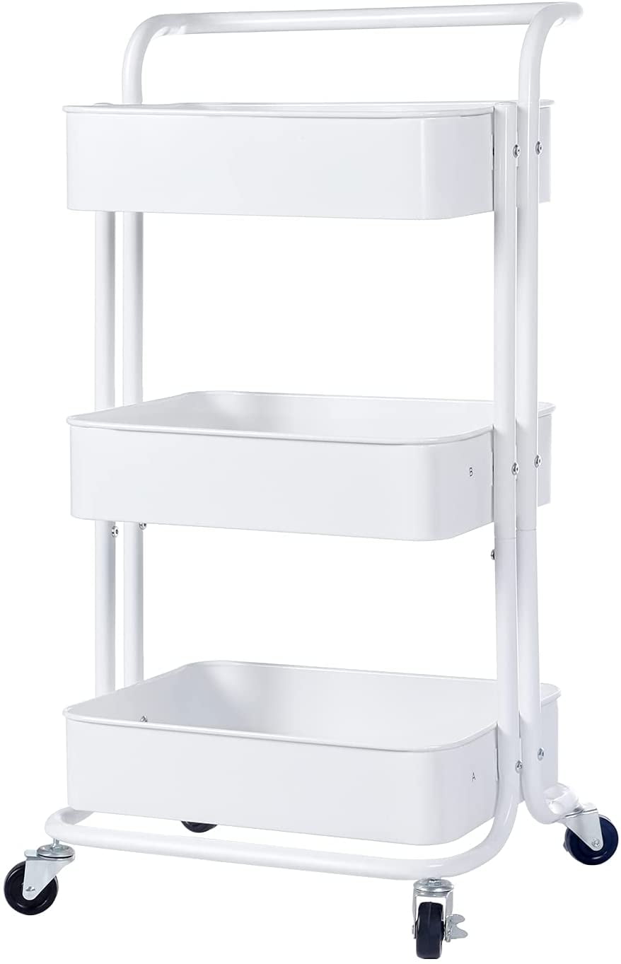 YSSOA 3-Tier Rolling Storage Utility Cart, Heavy Duty Craft Cart with Wheels  and Handle, White 