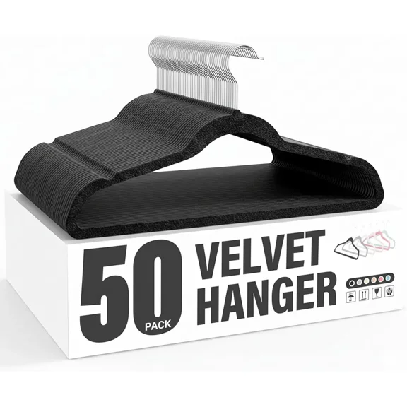 YSSOA Black Velvet Hangers 50 Count - Heavy Duty, Non-Slip Design with Shoulder Notches & 360° Rotating Hooks