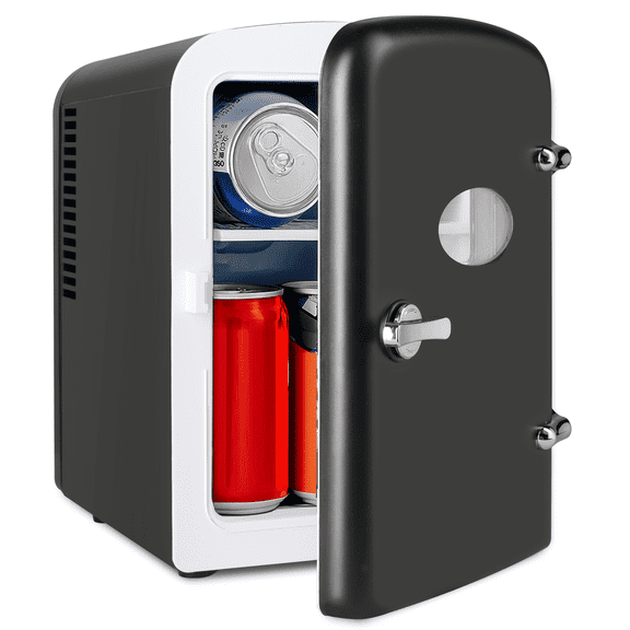 YSSOA Mini Fridge Personal Beauty Refrigerator, Freon-Free, Includes Plugs for Home Outlet & DC Charger, Dorm Room, 6 Can, 4L with Window, Black