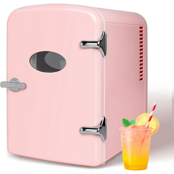 YSSOA Mini Fridge Personal Beauty Refrigerator, Freon-Free, Includes Plugs for Home Outlet & DC Charger, Dorm Room, 6 Can, 4L with Window, Pink