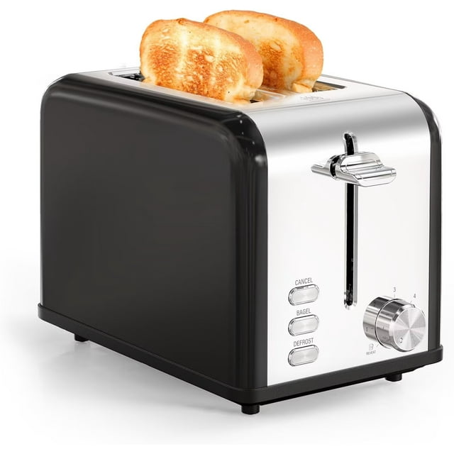 YSSOA Stainless Steel 2 Slice Toaster, 6 Browning Setting and Bagel/Defrost/Cancel Functions, Retro Compact Oven, Extra Wide Slot, Removable Crumb Tray, Black