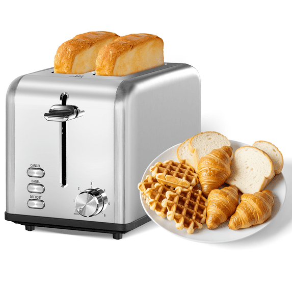 YSSOA Stainless Steel 2 Slice Toaster, 6 Browning Setting and Bagel/Defrost/Cancel Functions, Retro Compact Oven, Extra Wide Slot, Removable Crumb Tray, Silver