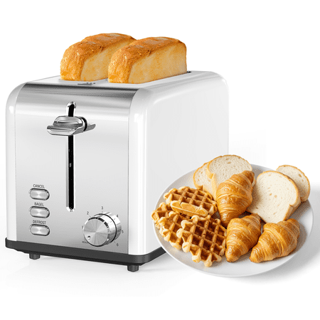 YSSOA Stainless Steel 2 Slice Toaster, 6 Browning Setting and Bagel/Defrost/Cancel Functions, Retro Compact Oven, Extra Wide Slot, Removable Crumb Tray, White