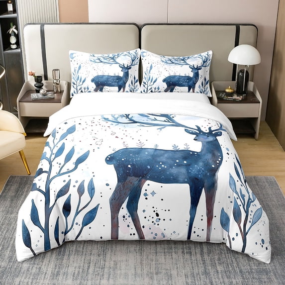 YST 100% Cotton 3D Deer Elk Duvet Cover,Blue Antler Comforter Cover,Wash Painting Style Bedding Set,Woodland Wildlife Animal Quilt Cover With Zipper Closure,Twin Size 2Pcs Soft Warm (No Comforter)