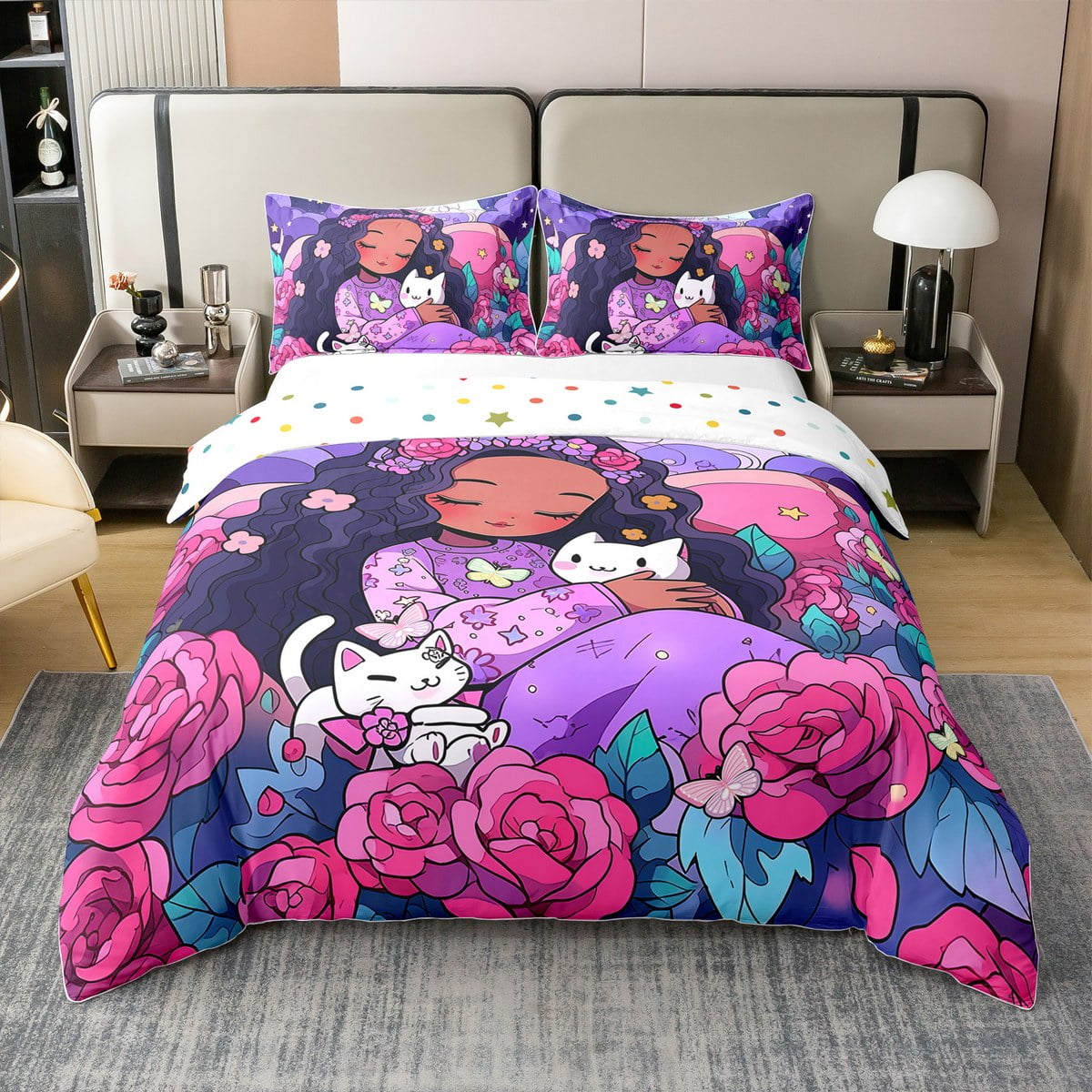 YST 100 Cotton Afro Hair Girl Queen Bedding Sets for Little Girls