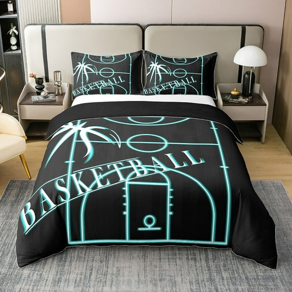 Erosebridal 100% Cotton Basketball Comforter Cover Twin Size Basketball Court Duvet Cover Teens Gaming Sports Bedding Set Ball Sports Theme Quilt Cover Reversible, Black