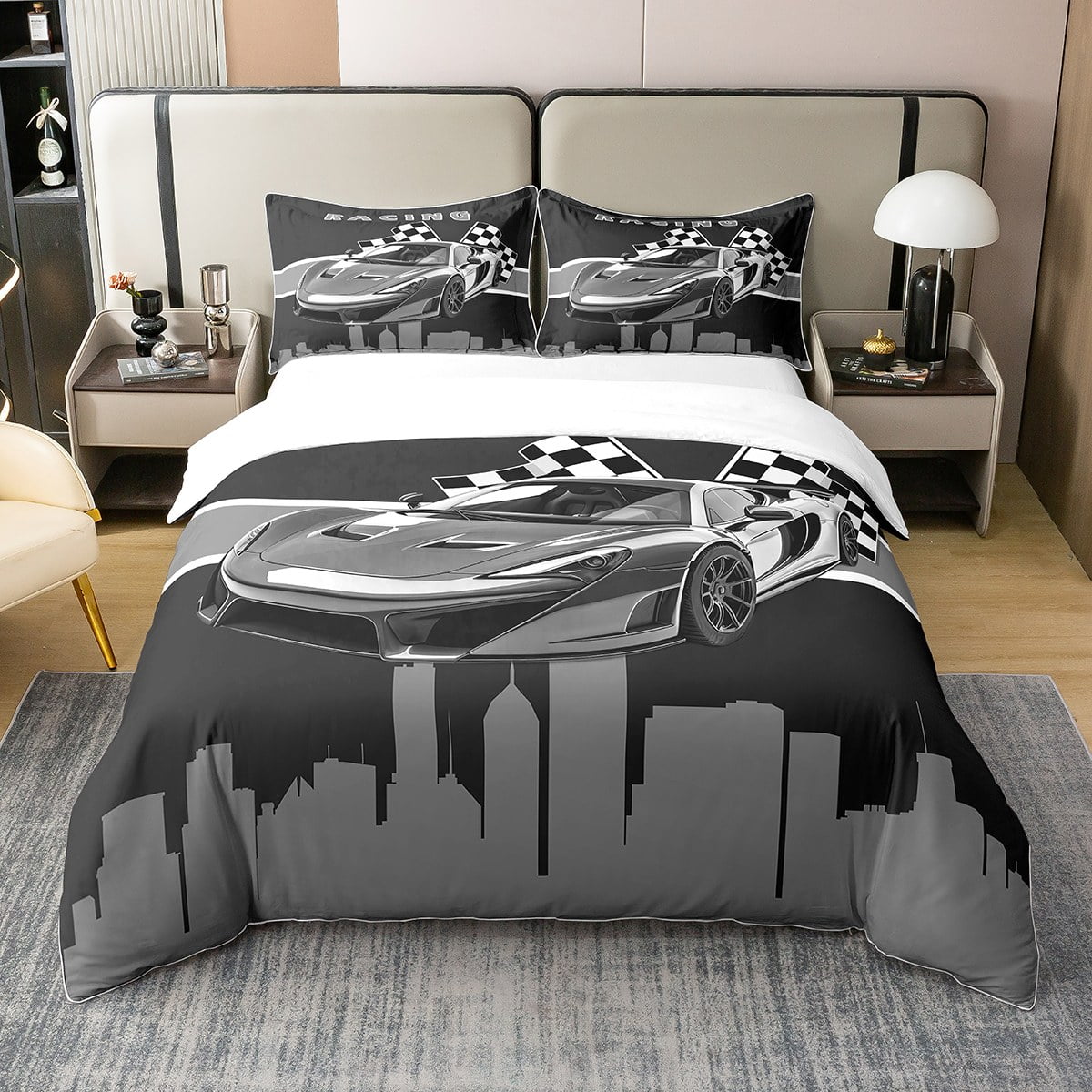YST 100 Cotton Black Grey Bed Set Boys Racing Car Duvet Cover Full