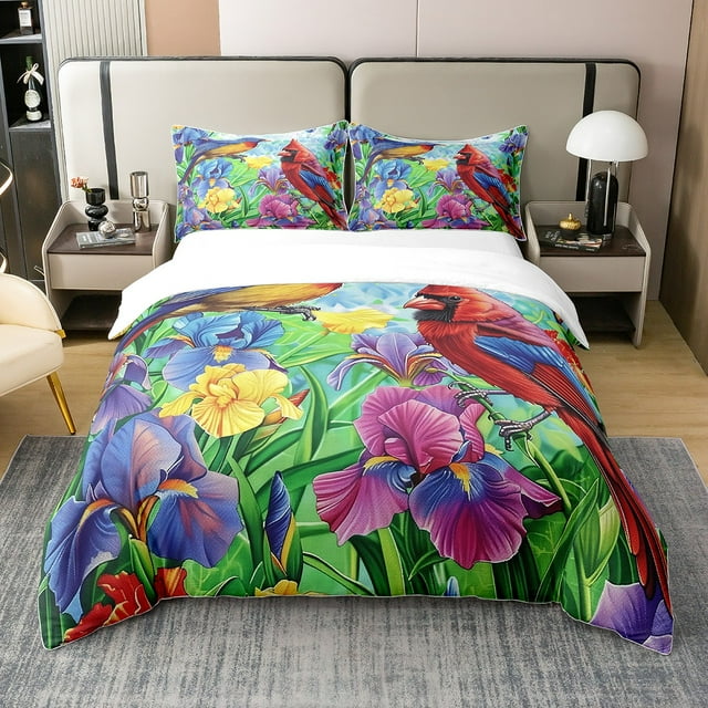 YST 100% Cotton Cardinal Bird Comforter Cover Hummingbird Floral Bedding Set Twin Retro Watercolor Rustic Iris Flowers Duvet Cover Kids Adults Country Farmhouse Garden Bed Set Colorful (No Comforter)