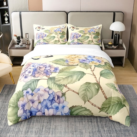 YST 100% Cotton Colourful Flower King Bedding Set,Green Leaf Hydrangea Duvet Cover,Rustic Ombre Butterfly Comforter Cover,Spring Garden Romantic Quilt Cover With 2 Pillowcases