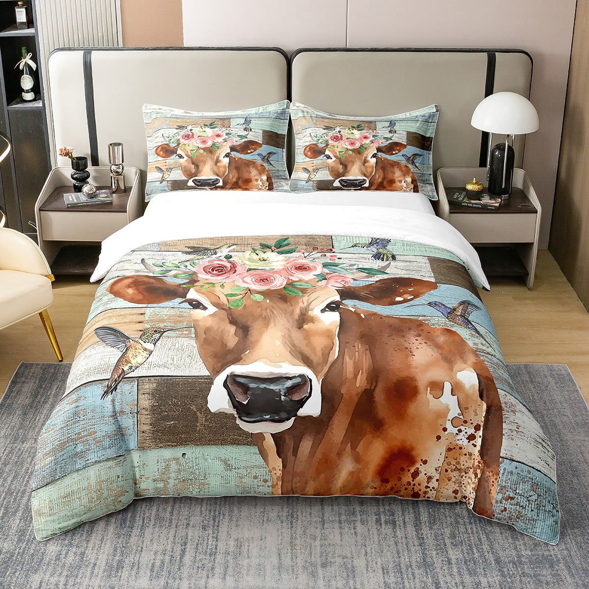 YST 100 Cotton Cow Print Duvet Cover Retro Barn Door Wooden Decor