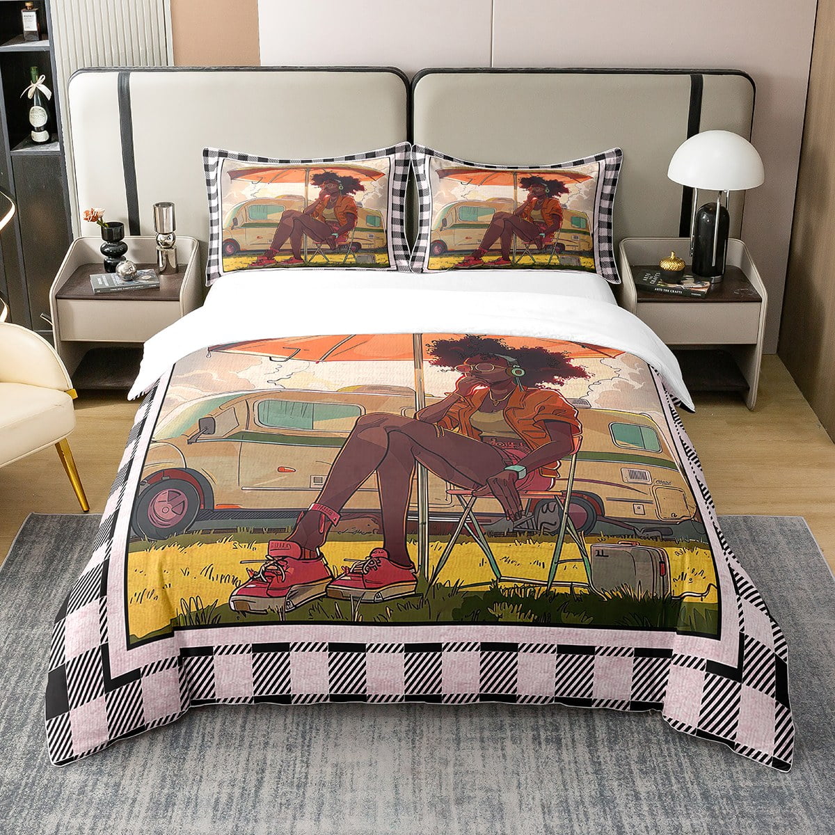 YST 100 Cotton Happy Camping Comforter Cover Twin Black Women Girl