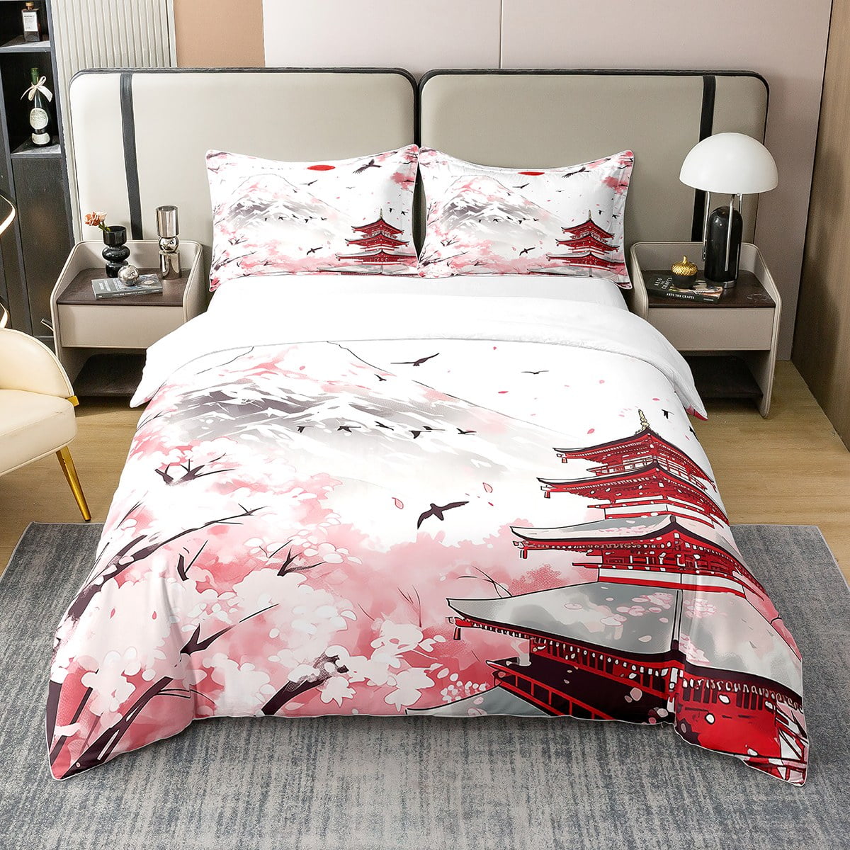 YST 100 Cotton Japanese Cherry Blossom Comforter Cover Full,Red and Black Japanese Style Bed