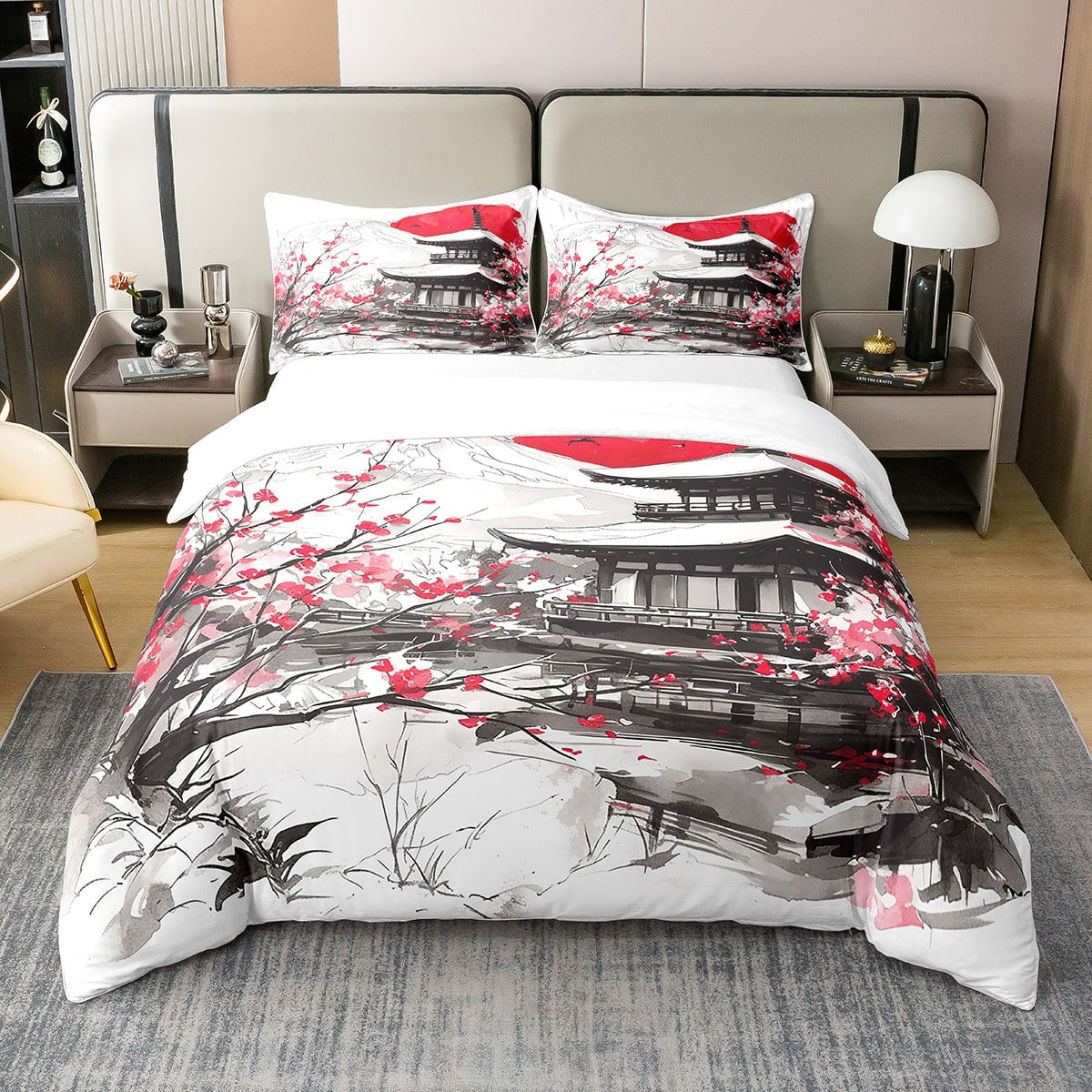 YST 100 Cotton Japanese Comforter Cover Full Size,Black and Red Cherry