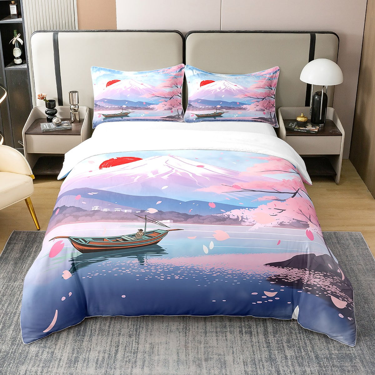 YST 100 Cotton Japanese Style Duvet Cover Japanese Cherry Blossoms Bedding Set Queen,Fuji