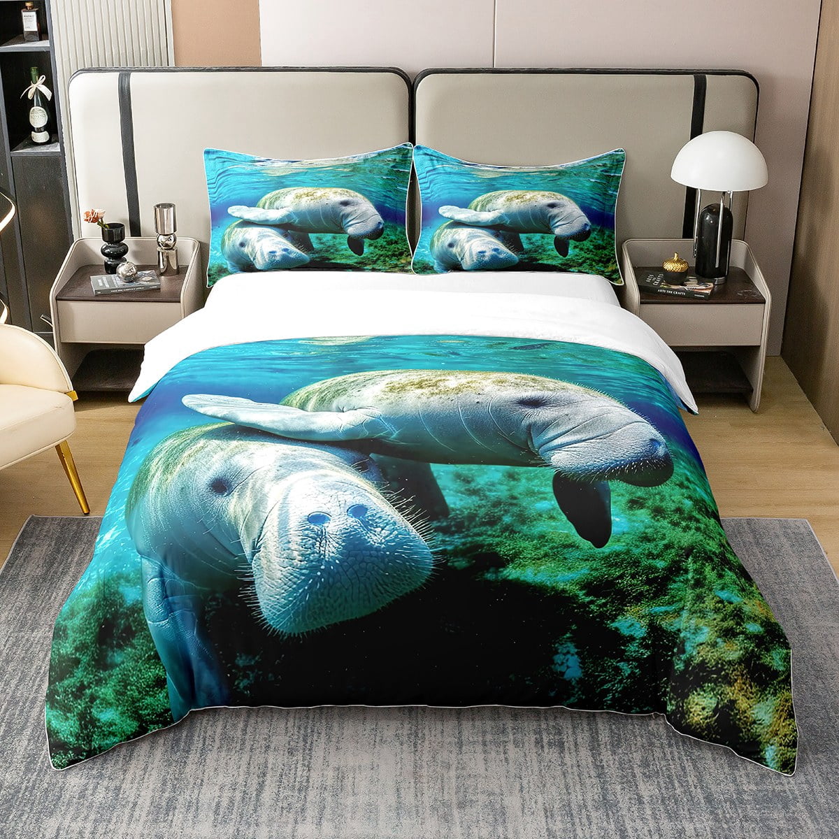 Erosebridal Manatee Bed Sheets Set King - Kawaii Marine Life Design, Blue Grey Microfiber - View #9