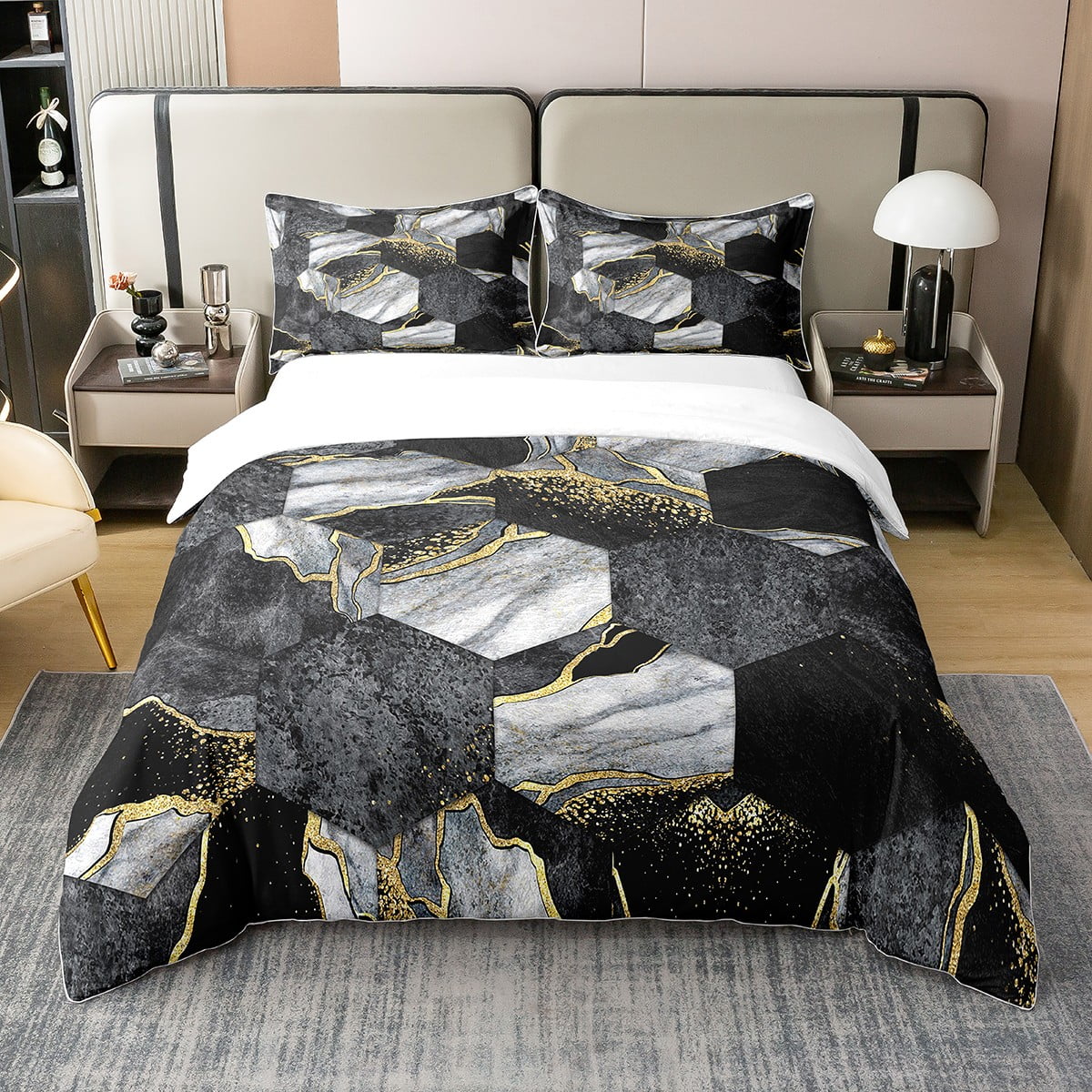 YST 100% Cotton Ombre Black Marble Queen Comforter Cover, Hexagon ...