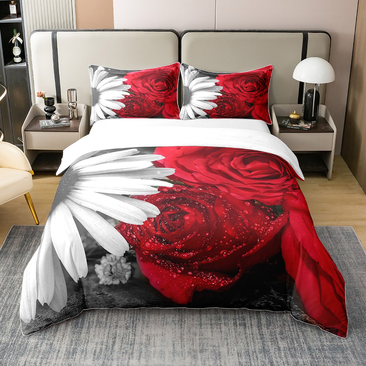 YST 100 Cotton Valentine'S Day Duvet Cover Queen 3 Piece, 3D Red Rose