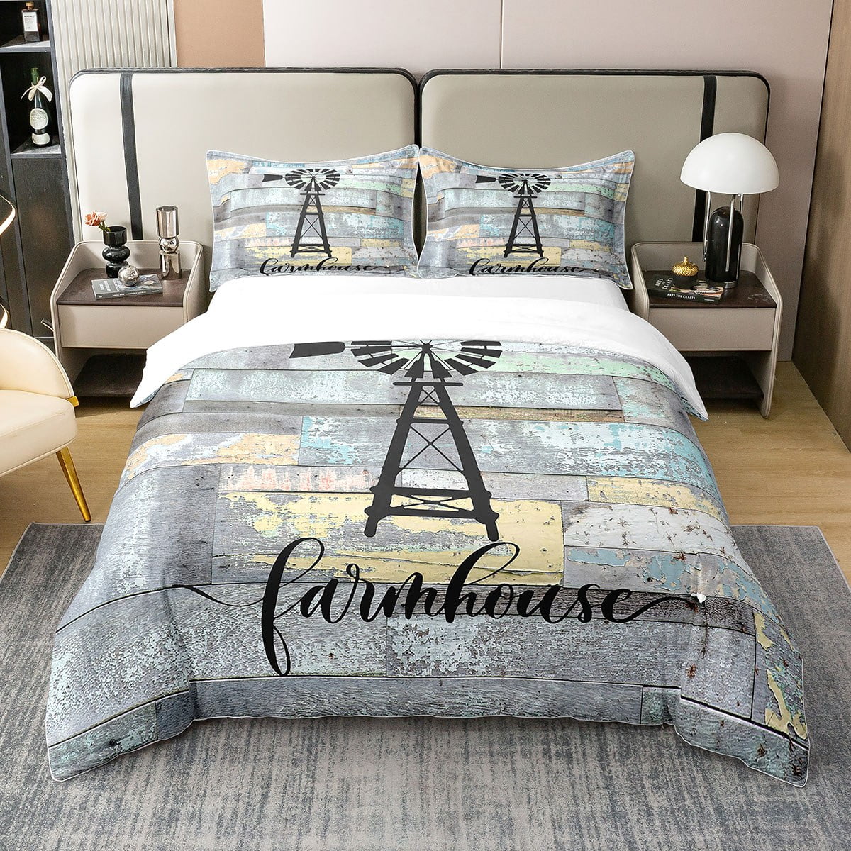 YST 100 Cotton Windmill Farmhouse Duvet Cover,Vintage Country Western