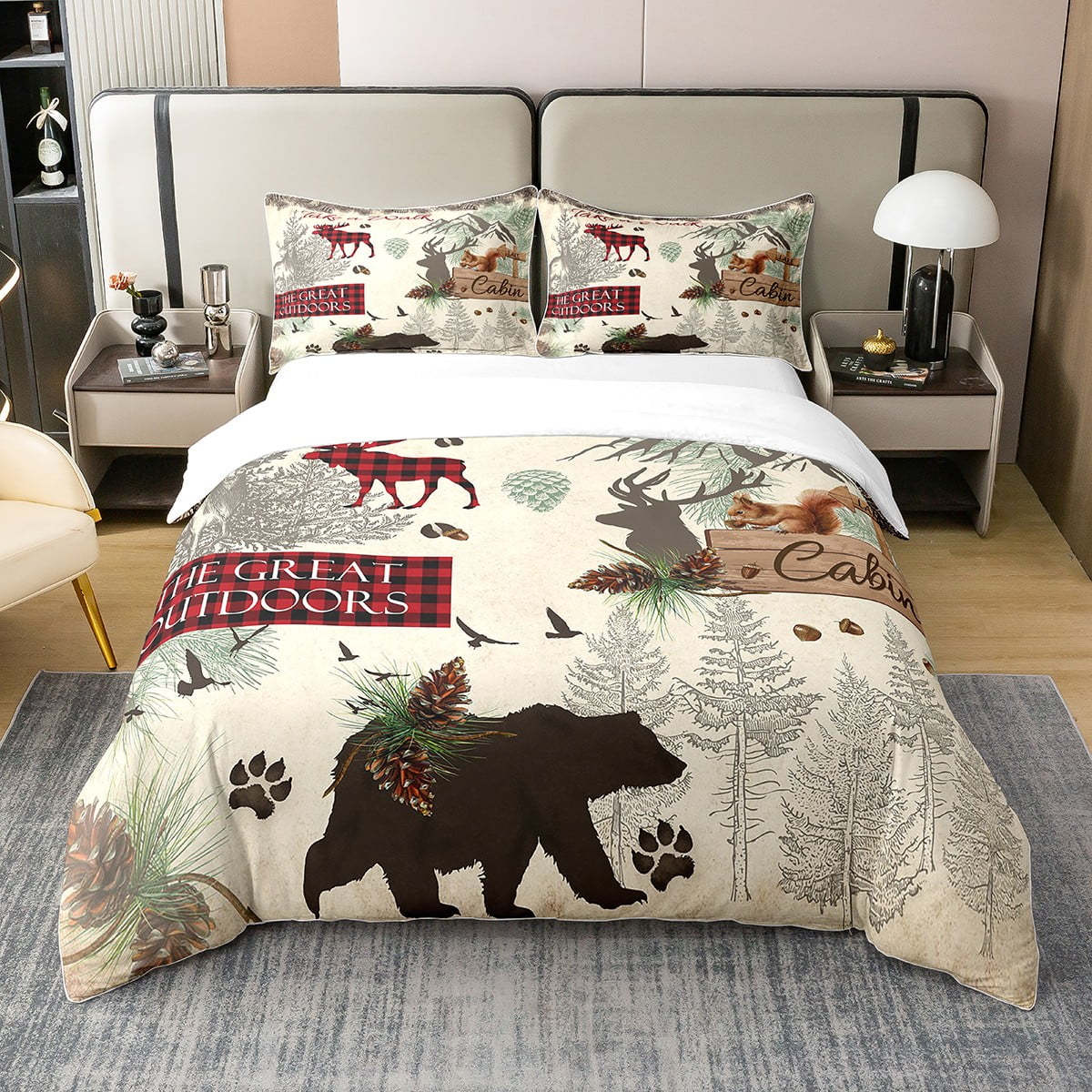 YST 100 Cotton Woodland Animals Bedding Set Cabin Comforter Cover Twin,Wild Bear Moose Elk Deer