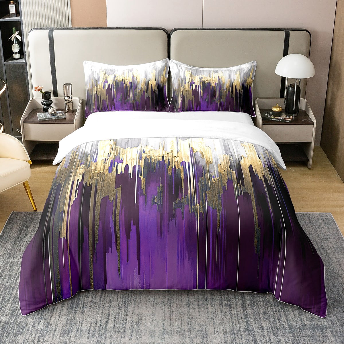 YST 100% Natural Cotton Abstract Art Bed Set Purple Gold Grey Duvet ...