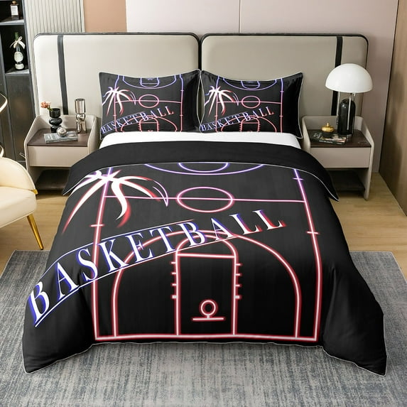 100% Natural Cotton Basketball Bedding Set King Size Basketball Court Duvet Cover Teens Gaming Sports Comforter Cover Sports Theme Bed Set Reversible, Black