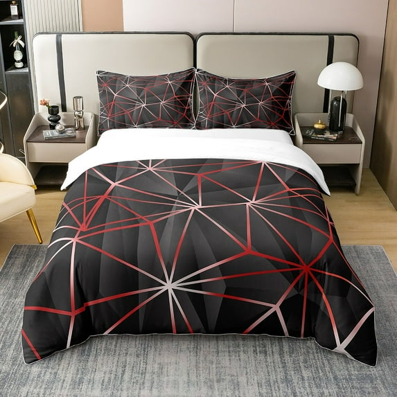 Erosebridal 100% Natural Cotton Geometric Bedding Set Modern Abstract Art Duvet Cover Stripes Lines Comforter Cover Room Decor Black Red Quilt Cover King Size With 2 Pillowcases