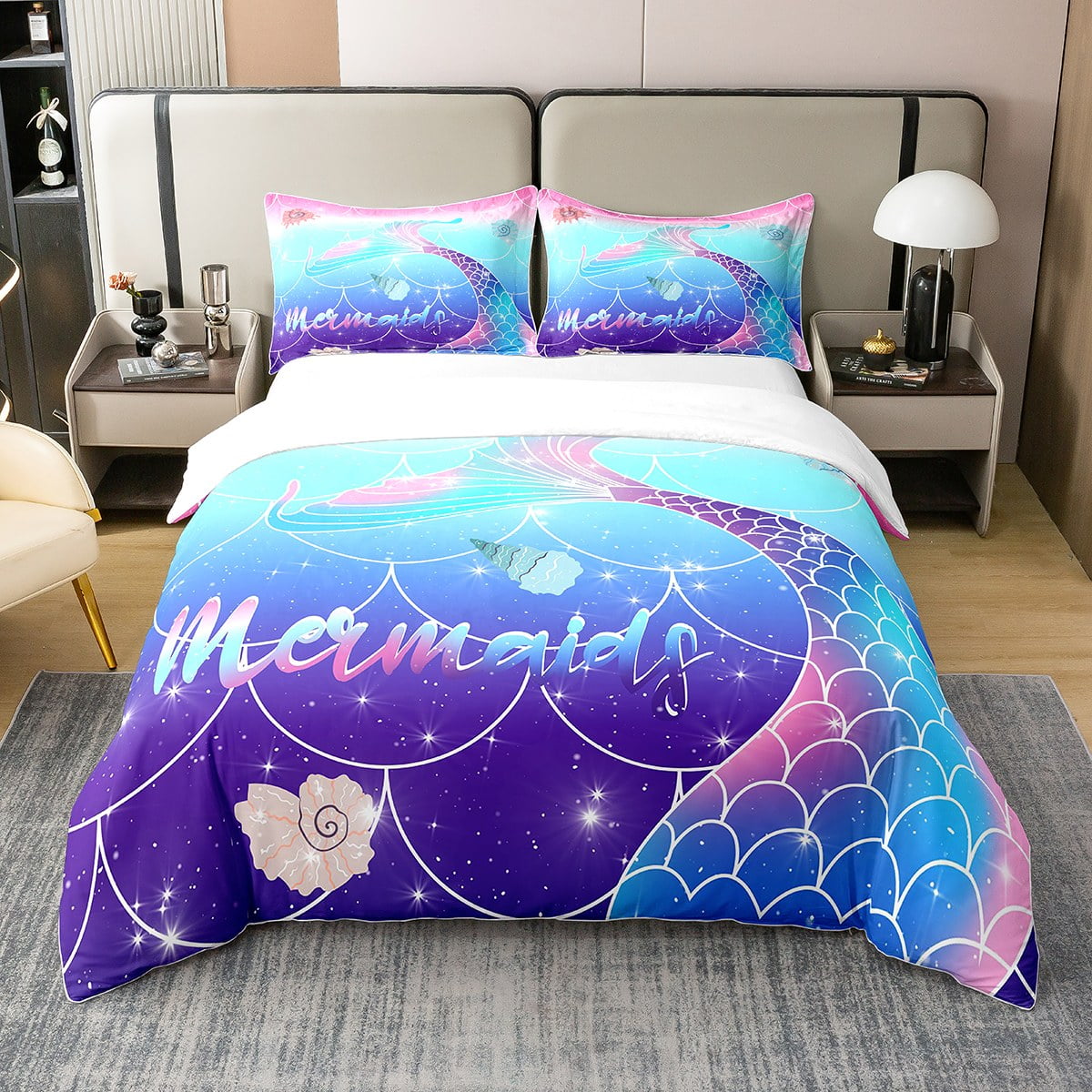 YST 100 Natural Cotton Mermaid Tail Duvet Cover,Mermaid Fish Scale Bedding Set,Girly Sparkle