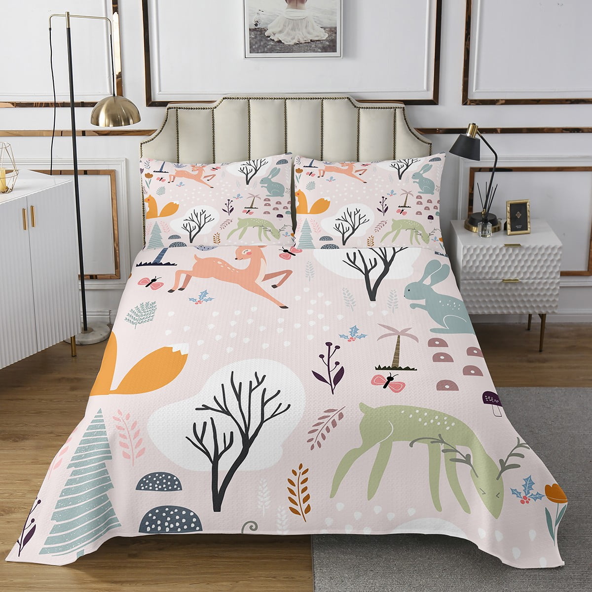YST 3 Pieces Squirrel Deer Rabbit Bedspread Set Woodland Animal Print