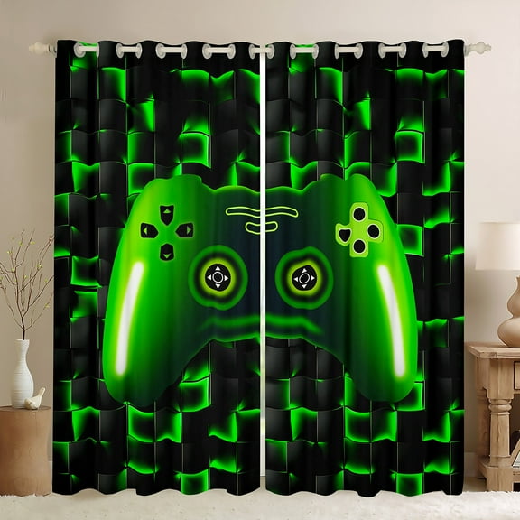 38"Wx54"L Game Console 30%-50% Blackout Curtains Bedroom Gamer Curtains & Drapes,3D Gaming Geometric Check Window Curtains,Neon Green Gamepad Window Treatments 2 Panels,Black