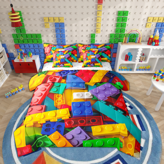 3D Brick 7 Pcs Comforter Set King, Colorful Construction Bedding , Rainbow Building Blocks Sheet Set Bed in A Bag Funny Geometric Rectangle Duvet Insert