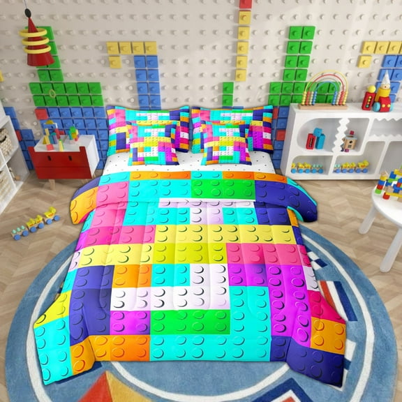 3D Building Blocks 7 Pcs Comforter Set Twin, Colorful Construction Bedding , Rainbow Brick Teal Sheet Set Bed in A Bag Funny Patchwork Geometric Rectangle Quilt