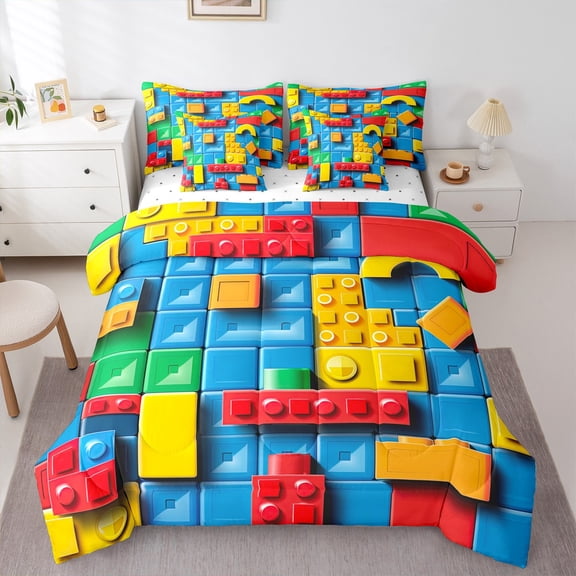 3D Building Blocks 7 Pcs Comforter Set twin, Colorful Construction Bedding , Rainbow Brick Blue Sheet Set Bed in A Bag Funny Patchwork Geometric Rectangle Quilt