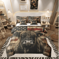 Erosebridal 3D Bull Bed in a Bag 7-Piece Highland Cow Printed Twin Size Comforter Set,Rustic American Flag Bed Sheets Set Western Animal Bedding Sets Geometric Stripe Bed Set Room Decor
