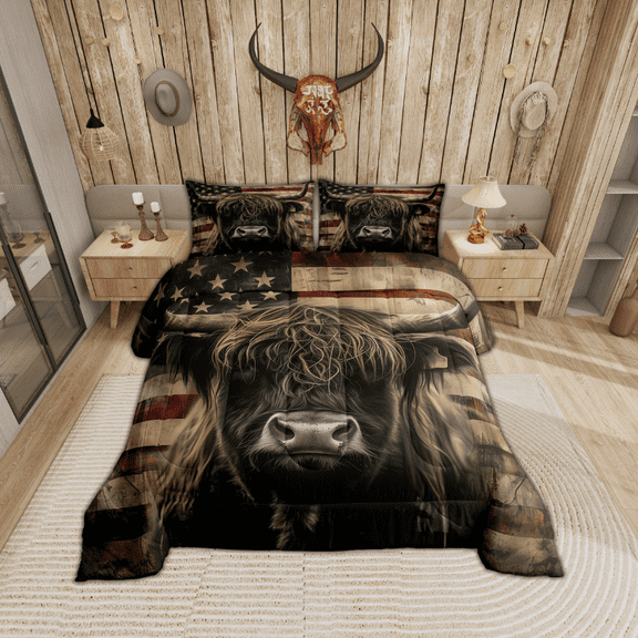 Erosebridal 3D Bull Bedding Set Twin Highland Cow Printed Comforter Set,Rustic American Flag Duvet Insert Western Animal Wildlife Bed Set Geometric Stripe Quilted Comforter Teens Room Decor