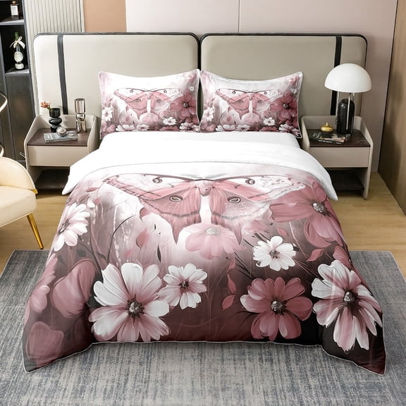 3D Butterflies 100% Cotton Duvet Cover Twin Size, Pink Insects Butterfly Printed Bedding Set, Wildlife Animals Soft Comforter Cover For Bedroom, Daisy Flowers Quilt Cover