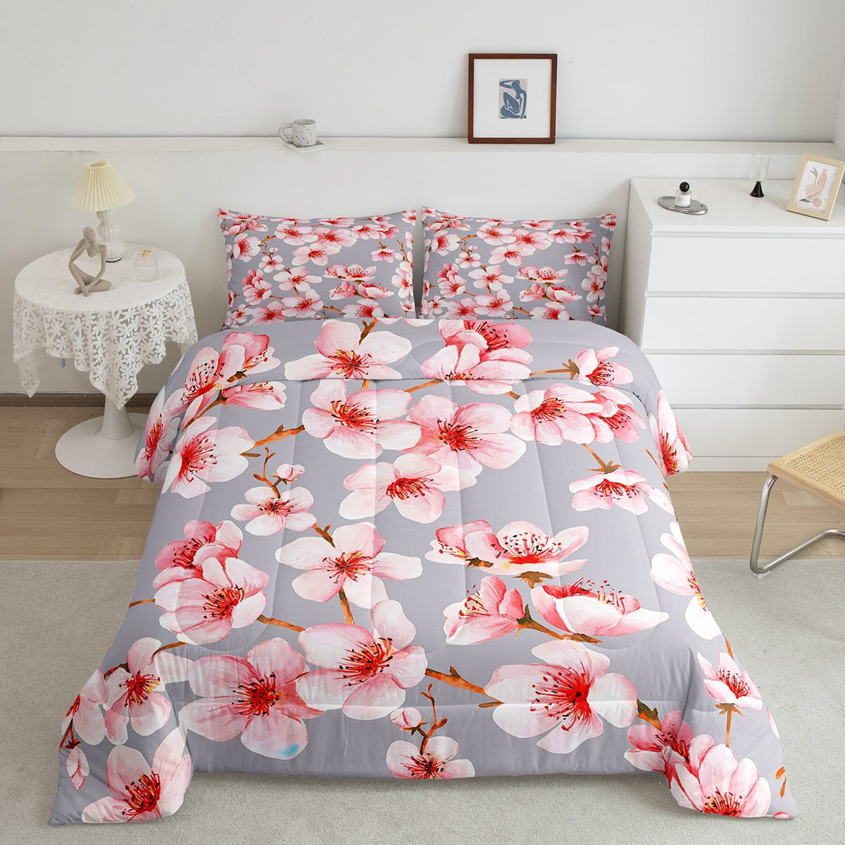 YST 3D Cherry Blossoms Bedding King for Women Girls Pink Sakura Flower Comforter Set Chic Floral Duvet Insert Pink and Grey Down Comforter Spring Botanical Plants Bedding Comforter Sets Walmart