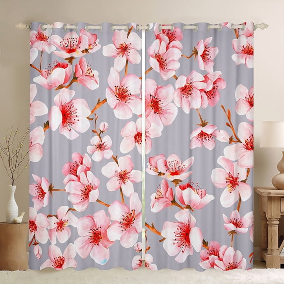 Erosebridal 3D Cherry Blossoms Blackout Curtains for Women Pink Sakura Flower Curtains, Chic Floral Curtains & Drapes Pink and Grey Black Out Curtains, Spring Botanical Plants Window Curtains