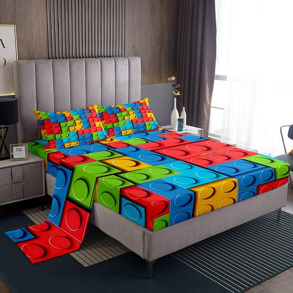 Erosebridal 3D Construction Bed Sheets Set Queen, Building Blocks Sheet Set, Rainbow Colorful Brick Sheets Funny Patchwork Geometric Rectangle Top Sheet