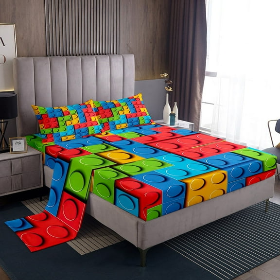 Erosebridal 3D Construction Bed Sheets Set Twin, Building Blocks Sheet Set, Rainbow Colorful Brick Sheets Funny Patchwork Geometric Rectangle Top Sheet